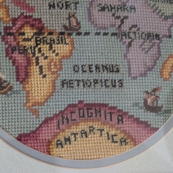 Vintage Framed Handmade Needlework Old World Map Embroidery Art Set of 2 - Picture 4 of 12